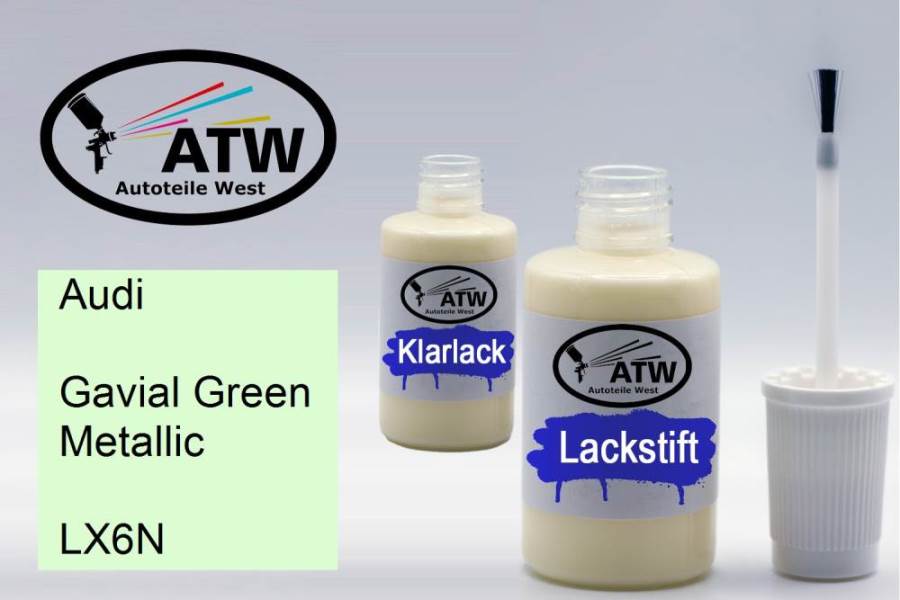 Audi, Gavial Green Metallic, LX6N: 20ml Lackstift + 20ml Klarlack - Set, von ATW Autoteile West.